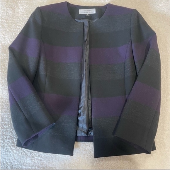 Tahari Blazer Striped Collarless Purple Gray Black Women's Size 4 - Picture 8 of 12